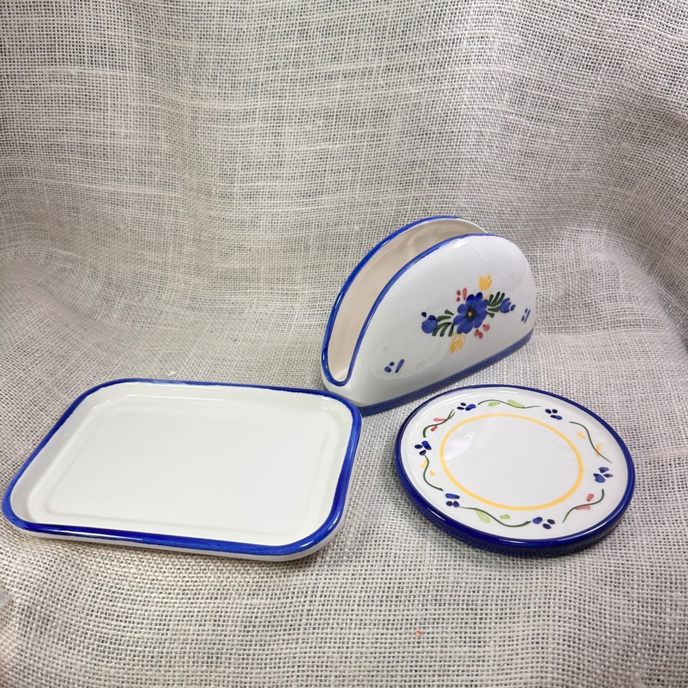 Tierra Fina Spain Ceramic Napkin Holder Tray and Dish Set Hand Painted Floral